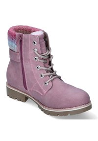 Rosa Wildleder-Stiefelette mit strukturiertem Strickkragen, Schnürung vorne, seitlichem Reißverschluss und robustem Profil für verbesserten Grip und Stabilität.