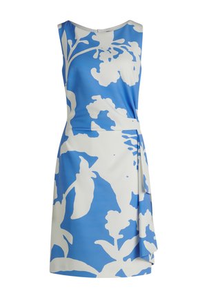 Robe à imprimé floral bleu et blanc avec un design sans manches, une taille cintrée et un détail portefeuille sur la jupe. Tissu lisse avec un léger éclat.