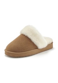 Brown suede slipper with a white fur lining, rounded toe, flat sole, and a cushioned insole. Simple design with no visible hardware.