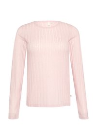 Lichtroze langemouwen shirt van ribstof. Heeft een ronde halslijn, een zachte textuur en een subtiele glans.