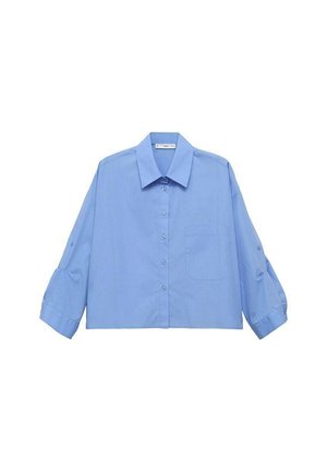 Chemise courte bleu clair avec col, manches longues et une poche poitrine. Fabriquée en tissu lisse.