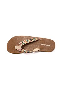 Sandalia tipo flip-flop marrón con una suela texturizada y una tira tejida multicolor que presenta patrones geométricos y un acento beige en la punta.