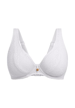 Soutien-gorge blanc avec un motif géométrique texturé, tissu doux, bretelles ajustables et un fermoir en ton doré à l'avant.