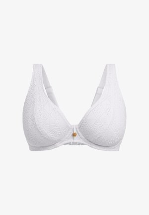 Weißer BH mit strukturiertem geometrischem Muster, weichem Stoff, verstellbaren Trägern und einem goldfarbenen Verschluss an der Front.