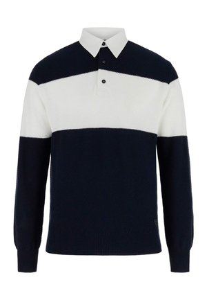 Hosszú ujjú fekete-fehér csíkos kötött pulóver, fehér gallérral és két fekete gombbal a nyaknál.