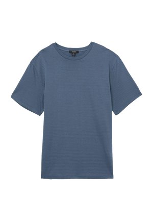 Korte mouwen t-shirt in donkerblauw, gemaakt van gestructureerde stof met een ronde halslijn en rechte snit, met subtiele horizontale strepen.