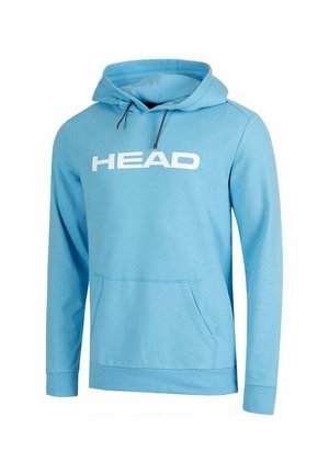 Hellblaue Kapuzenjacke mit einer Fronttasche, Kordelzugkapuze und einem großen weißen "HEAD"-Logo über der Brust. Baumwollähnlicher Stoff, glatte Textur.