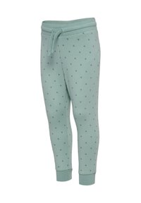 Lichtgroene joggers gemaakt van zachte stof, met een subtiel driehoekig patroon, elastische tailleband met koord en taps toelopende boorden.