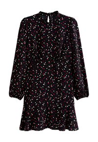 Schwarzes Kleid mit langen Ärmeln, runder Ausschnitt und einem Schlüssellochverschluss hinten, verziert mit bunten Pünktchen und einem ausgestellten Saum.