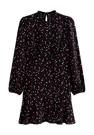 Zwart langmouwend jurkje met een ronde halslijn en een keyhole aan de achterkant, versierd met kleurrijke stippen en een uitlopende zoom.