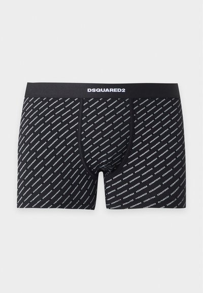 Boxer noir avec motif de texte diagonal blanc "DSQUARED2" et ceinture noire avec logo blanc "DSQUARED2" centré à l'avant.