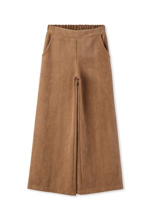 Pantaloni a gamba larga in velluto a coste marrone con vita elasticizzata e tasche laterali, mostrati su sfondo bianco.