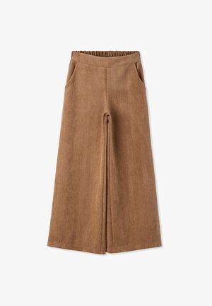 Pantaloni a gamba larga in velluto a coste marrone con vita elasticizzata e tasche laterali, mostrati su sfondo bianco.