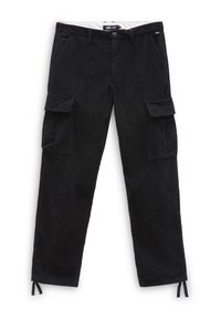 Pantalon cargo en velours côtelé noir avec une coupe décontractée, doté de deux poches latérales, d'ourlets ajustables et d'une fermeture par bouton à la taille.