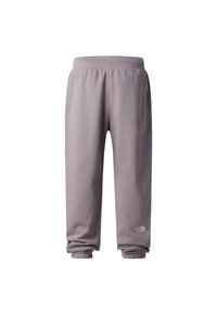 Grijze joggingbroek met een elastische tailleband en manchetten, gemaakt van zachte stof; bevat een klein logo op het linkerpijp.