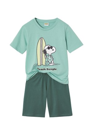 Kinder-T-Shirt in Meergrün mit Snoopy- und Surfbrett-Motiv und dunkle grüne Shorts, lässiges Sommeroutfit.