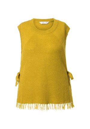 Keltainen neulottu hihaton toppi, jossa on pyöreä pääntie, sivusiteet ja fringed helmaviimeistely. Teksturoidusta kankaasta valmistettu rento malli.
