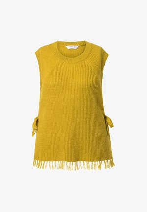 Gelbes, gestricktes ärmelloses Top mit rundem Ausschnitt, seitlichen Bindebändern und Fransen am Saum. Strukturierter Stoff und lässiger Schnitt.