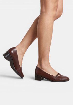 Gambe con scarpe eleganti in pelle marrone con tacco basso e piccolo dettaglio fibbia su sfondo bianco.