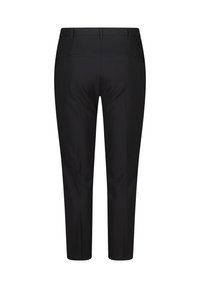 Pantalon noir à coupe ajustée, longueur cropped, texture lisse, deux poches arrière et passants de ceinture à la taille.