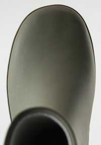 Grøn gummistøvle med en glat yderside, afrundet tå og en sort indvendig foring, med en mat finish og uden synlige mønstre.