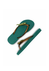 Teal flip-flops with a textured sole and brown rubber straps featuring a green lizard accent. Lightweight and casual summer footwear.