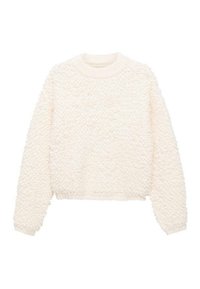 Strukturiertes weißes Sweatshirt mit rundem Ausschnitt und langen Ärmeln. Der Stoff hat eine weiche, knubbelige Oberfläche, einen verkürzten Schnitt und gerippte Bündchen.