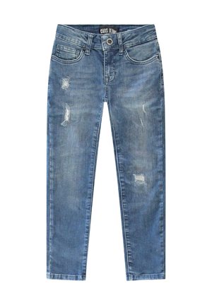 Blauwe denim jeans met een slim fit, voorzien van verweerde accenten, subtiele vervaging, vijf zakken en een klassieke knoop- en ritssluiting.