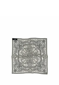 Czarna i biała chustka paisley, w kształcie kwadratu, z misternymi wzorami, kontrastującą bordiurą oraz małym logo w jednym rogu. Materiał bawełniany.