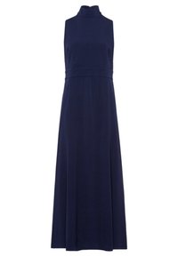 Námořnická modrá bezramenná šaty s vysokým límcem, přiléhavým trupem a splývavou sukní. Vyrobeno z hladké látky s jemnou strukturou.
