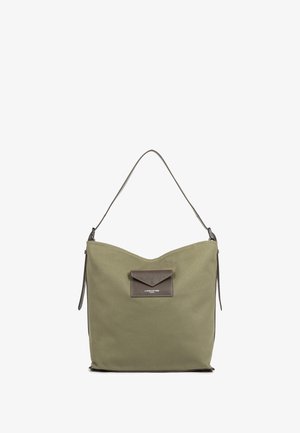 Khaki groene stoffen schoudertas met een gestructureerde bruine lederen voorzak, een gebogen bovenkant, een verstelbare schouderriem en metalen ritsdetail.