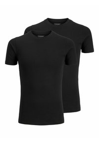Zwei schwarze kurzärmelige T-Shirts aus Baumwolle mit Rundhalsausschnitt und glatter Textur, übereinander gestapelt, ohne sichtbare Muster oder Akzente.