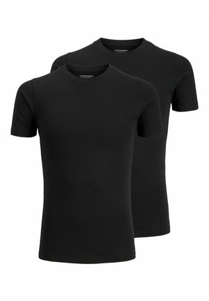 Zwei schwarze kurzärmelige T-Shirts aus Baumwolle mit Rundhalsausschnitt und glatter Textur, übereinander gestapelt, ohne sichtbare Muster oder Akzente.