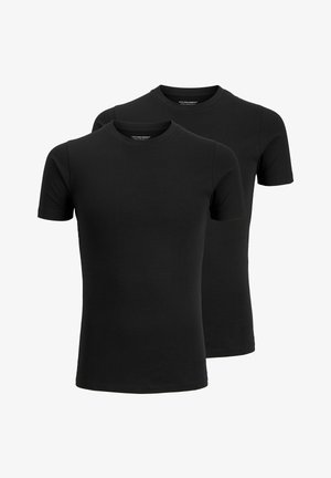 Două tricouri negre cu mânecă scurtă din bumbac, cu guler rotund și o textură netedă, așezate unul peste altul, fără modele sau accentuări vizibile.