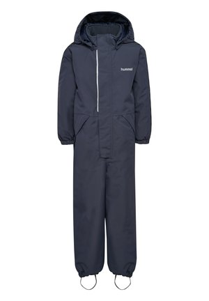 Combinaison de neige une pièce bleu foncé avec capuche, fermeture éclair frontale, poches latérales, poignets élastiques et sangles pour les pieds pour enfants.