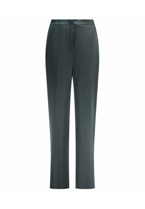 Donkergrijze, op maat gemaakte rechte broek met knoop- en ritssluiting, een vouw aan de voorkant en een tailleband.