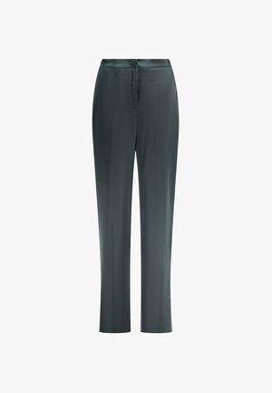 Donkergrijze, op maat gemaakte rechte broek met knoop- en ritssluiting, een vouw aan de voorkant en een tailleband.