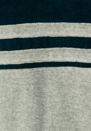 Gray fabric with a soft texture featuring two dark blue horizontal stripes. The stripes vary in thickness across the fabric's surface.