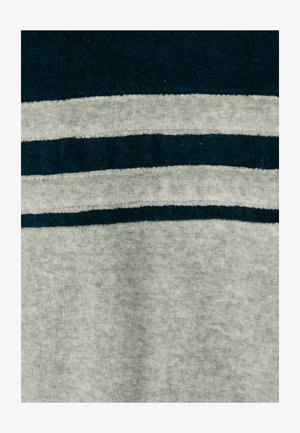 Gray fabric with a soft texture featuring two dark blue horizontal stripes. The stripes vary in thickness across the fabric's surface.