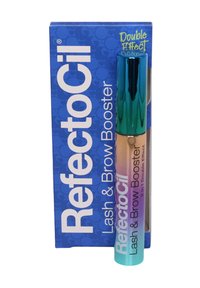 RefectoCil Wimpern- und Augenbrauenbooster in einem zweifarbigen Tube mit einem türkisfarbenen Deckel. Präsentiert in einer blauen Box mit kräftiger weißer Schrift und Musterakzenten.