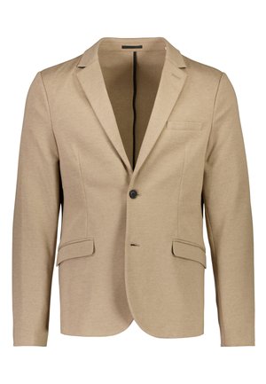 Beiger Blazer aus weichem Stoff, mit Reverskragen, eines Knopfverschlusses, zwei vorderen Taschen und einer Brusttasche.