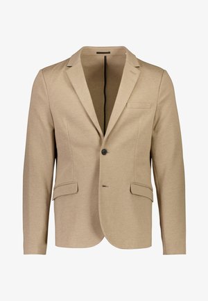 Beiger Blazer aus weichem Stoff, mit Reverskragen, eines Knopfverschlusses, zwei vorderen Taschen und einer Brusttasche.