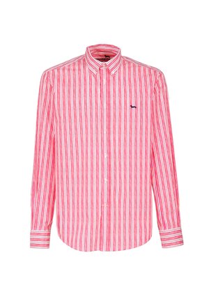 Camisa de manga larga a rayas rojas y blancas con cuello abotonado y logo bordado en el pecho izquierdo. Tejido de algodón con una textura suave.