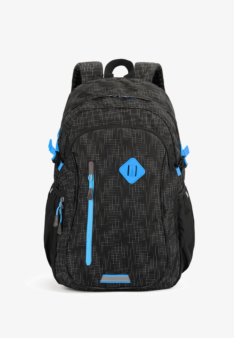 Zwarte rugzak met patroon, blauwe rits en accenten, voorvak, gevoerde schouderbanden en zijvakken.
