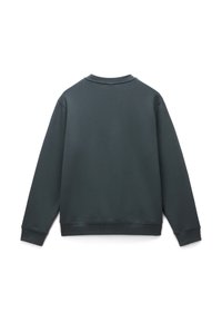 Dark green sweatshirt featuring a crew-neck design, ribbed cuffs, and a smooth fabric texture. Rear view with no visible graphics or logos.
