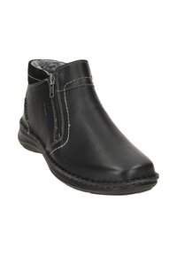 Bottes noires en cuir à cheville avec un bout arrondi, fermeture éclair sur le côté, coutures contrastées et doublure intérieure texturée. Semelle plate pour le confort.
