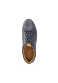 Navy blue leather sneaker with a textured side, round toe, and contrasting tan insole. Features shoelaces and subtle branding inside.