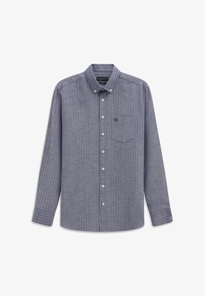Men’s long-sleeve button-up shirt in heather gray with a buttoned collar and a small chest pocket featuring a logo.
