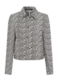 Schwarz-weiß gestreifte Jacke im Zickzackmuster, cropped, mit verbreiteten Kragen, langen Ärmeln und drei vorderen Knöpfen. Verfügt über seitliche Taschen.