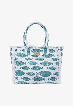Witte tote tas met zeegroene vispatronen, stoffen handvatten en een klein rechthoekig "VERDE" merklabje aan de voorkant.